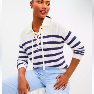 LOFT Striped Blue and White Lace Up Polo Sweater Size Small